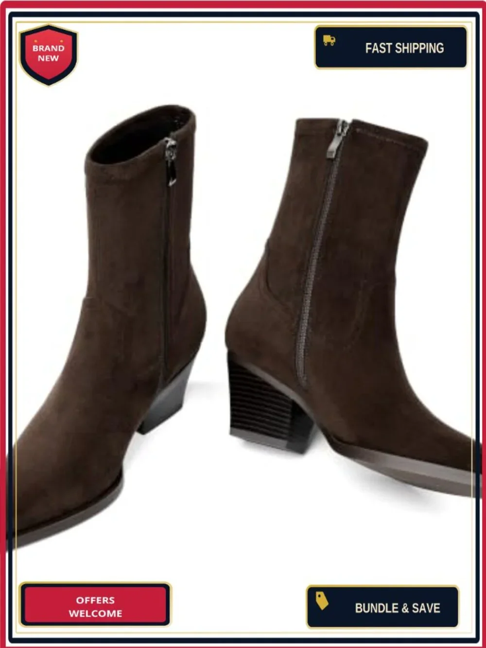 Chunky Block Heel Ankle Boots for Women Pointed Toe Faux Suede Stretch Side